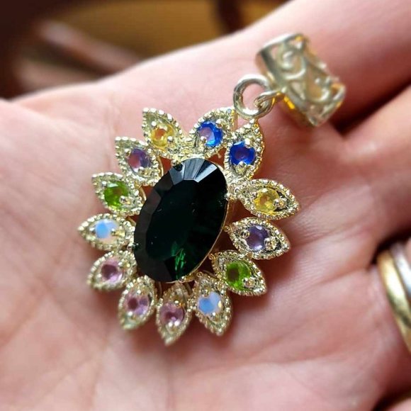 Sterling Silver Multi Gem Pendant with Big Dark Green Center - Picture 2 of 8